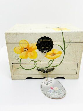 Vintage Wood Painted Flower Jewelry Box Velvet Cottagecore Boho